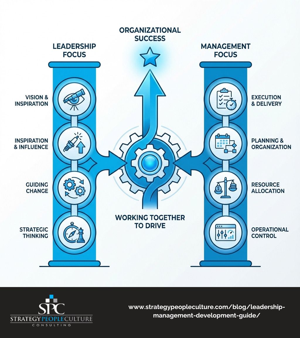 User-Inserted Infographic Comparing Leadership Focus On Vision, Inspiration, Change, And Strategic Thinking Versus Management Focus On Execution, Planning, Resource Allocation, And Operational Control, Showing How Both Work Together To Drive Organizational Success - Leadership And Management Development Infographic