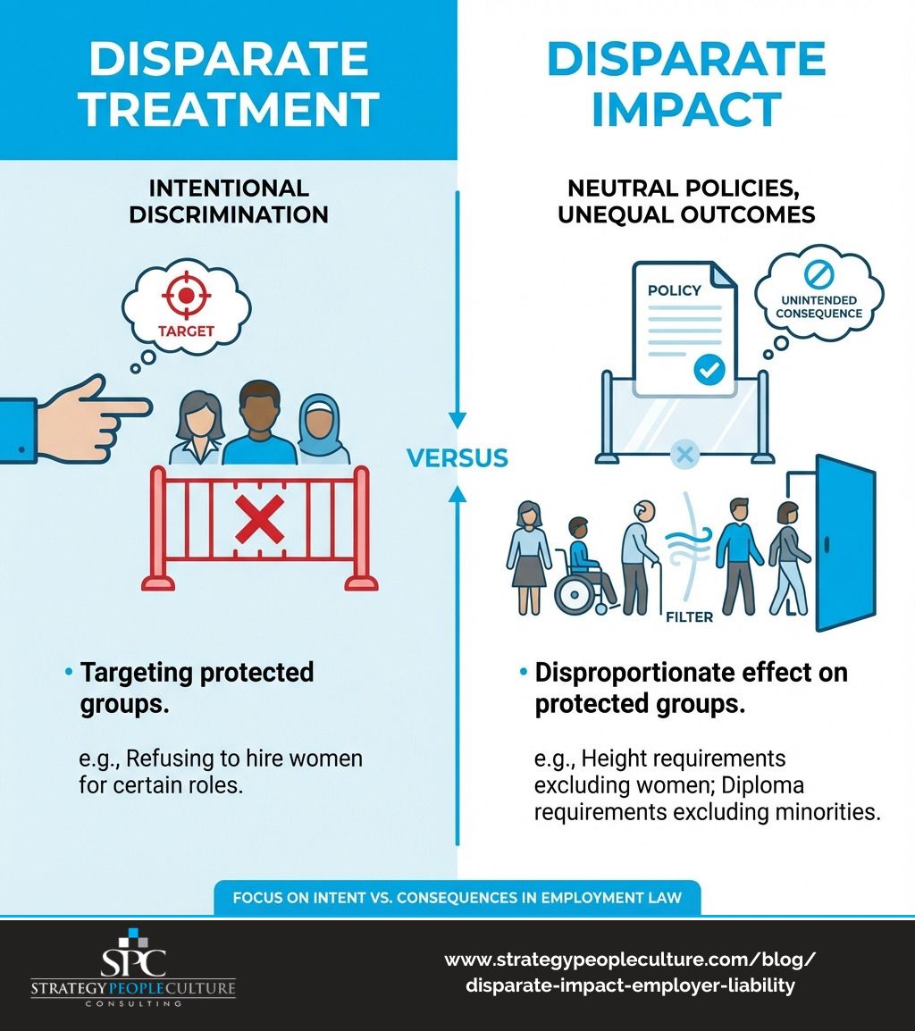 User-Inserted Infographic Showing The Difference Between Disparate Treatment Intentional Discrimination Targeting Protected Groups Versus Disparate Impact Neutral Policies With Unequal Outcomes On Protected Groups With Examples Like Height Requirements Excluding Women Or Diploma Requirements Excluding Minorities - Disparate Impact And Employer Liability Infographic