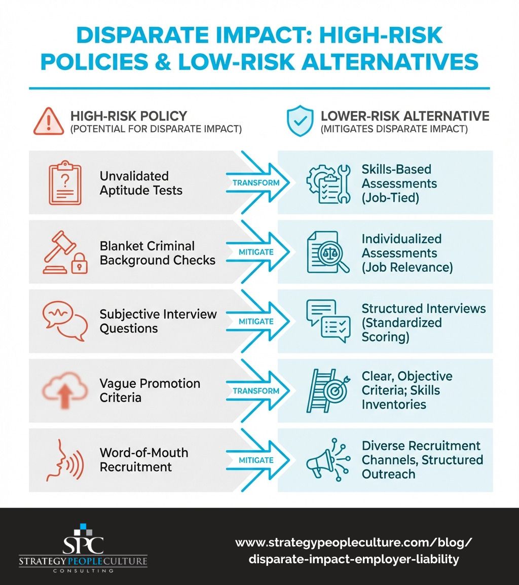 User-Inserted Infographic Showing High Risk Policies For Disparate Impact And Their Low Risk Alternatives - Disparate Impact And Employer Liability Infographic