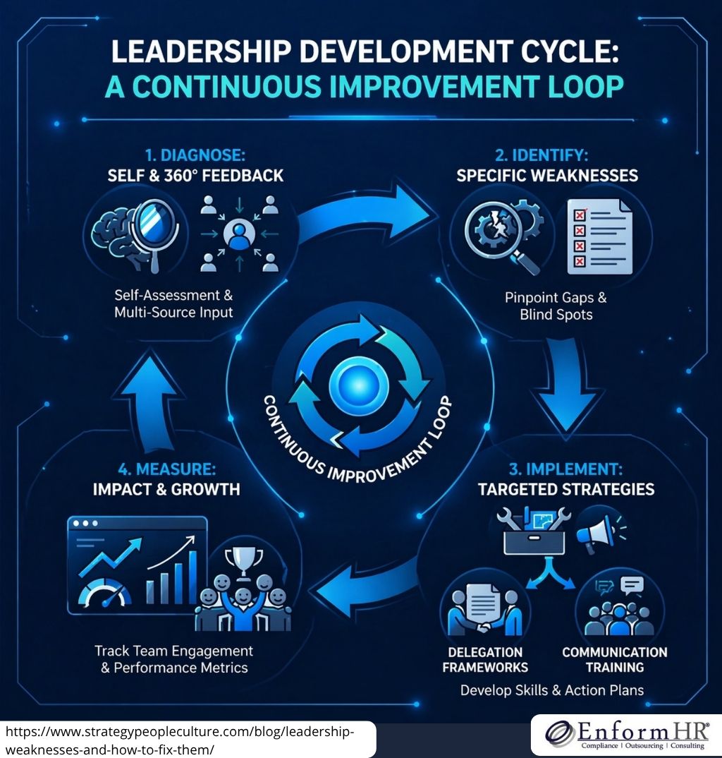 User-Inserted Infographic Illustrating The Leadership Development Cycle With A Continuous Improvement Loop: Diagnose, Identify Weaknesses, Implement Strategies, And Measure Impact To Foster Effective Leadership Growth.