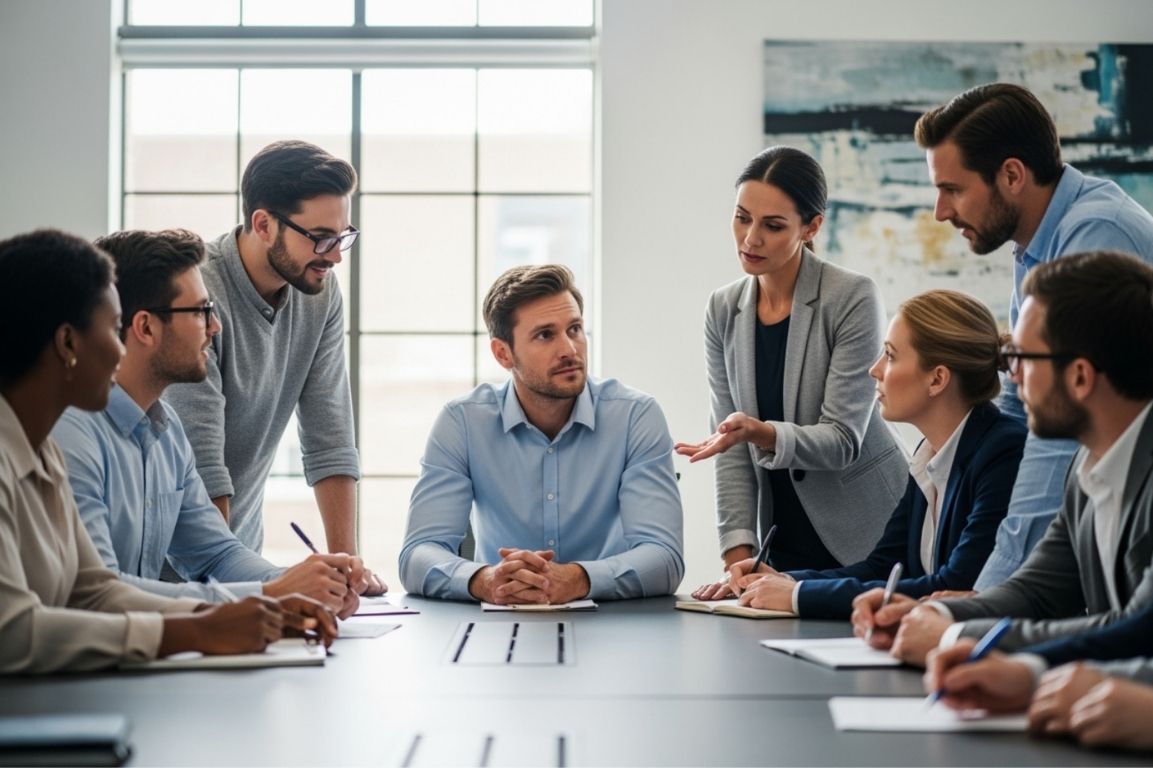 User-Inserted Team Members Engaged In A Professional Meeting, Discussing Strategies To Address Leadership Weaknesses, With A Focus On Improving Communication And Collaboration In The Workplace.